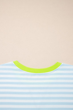 Sky Blue Stripe Contrast Neck Loose Tee and Drawstring Shorts Set