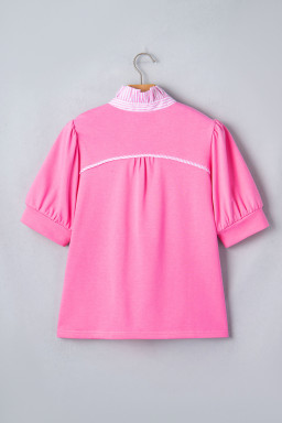 Sachet Pink Striped Frilled Collar Short Sleeve Blouse