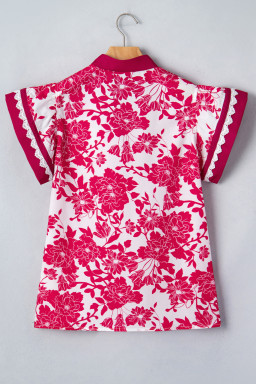 Red Floral Print Color Block Trim Lace Detail V Neck Flutter Sleeve Blouse