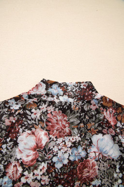 Brown Floral Print High Neck Short Sleeve Mesh Top