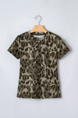 Brown Retro Leopard Print Mock Neck Slim Tee