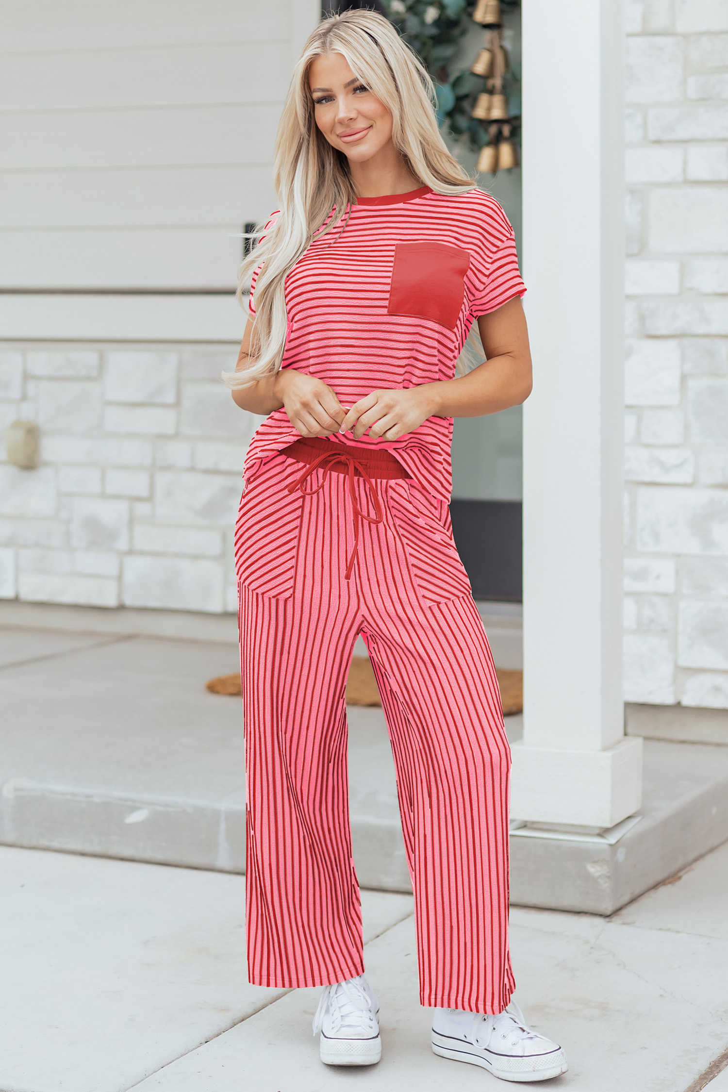 Rose Stripe Crew Neck Tee Drawstring Waist Cropped Pants Set