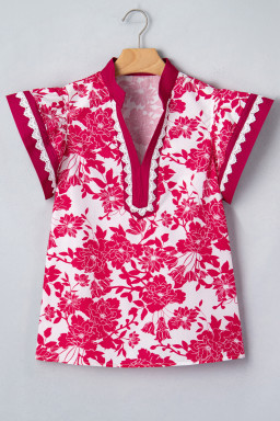 Red Floral Print Color Block Trim Lace Detail V Neck Flutter Sleeve Blouse