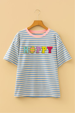Sky Blue Stripe HOPPY Chenille Patched Graphic Crew Neck Tee