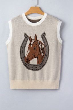 Parchment Horse Shoe Print Color Block Trim Round Neck Sleeveless Sweater