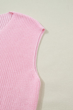 Pink Solid Color Knit V Neck Button Front Sweater Vest