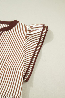 Brown Stripe Plus Size Slit V Neck Tiered Flutter Sleeve Maxi Dress