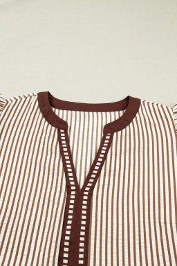 Brown Stripe Plus Size Slit V Neck Tiered Flutter Sleeve Maxi Dress