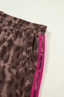 Brown Retro Leopard Print Contrast Varsity Stripe Trim Plus Size 2pcs Short Set