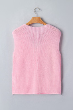 Pink Solid Color Knit V Neck Button Front Sweater Vest