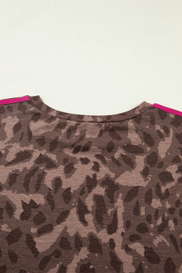 Brown Retro Leopard Print Contrast Varsity Stripe Trim Plus Size 2pcs Short Set