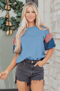Beau Blue Stars Stripes Short Puff Sleeve Top