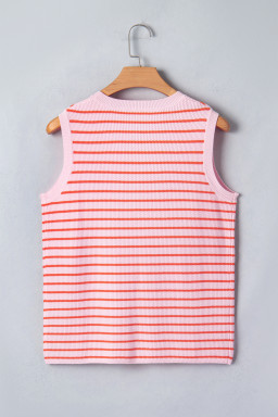 Pink Stripe Textured Knit Sleeveless Casual Sweater Top