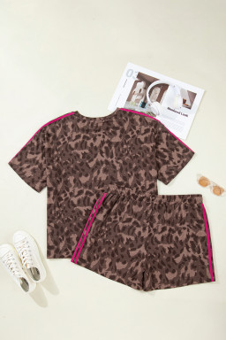 Brown Retro Leopard Print Contrast Varsity Stripe Trim Plus Size 2pcs Short Set