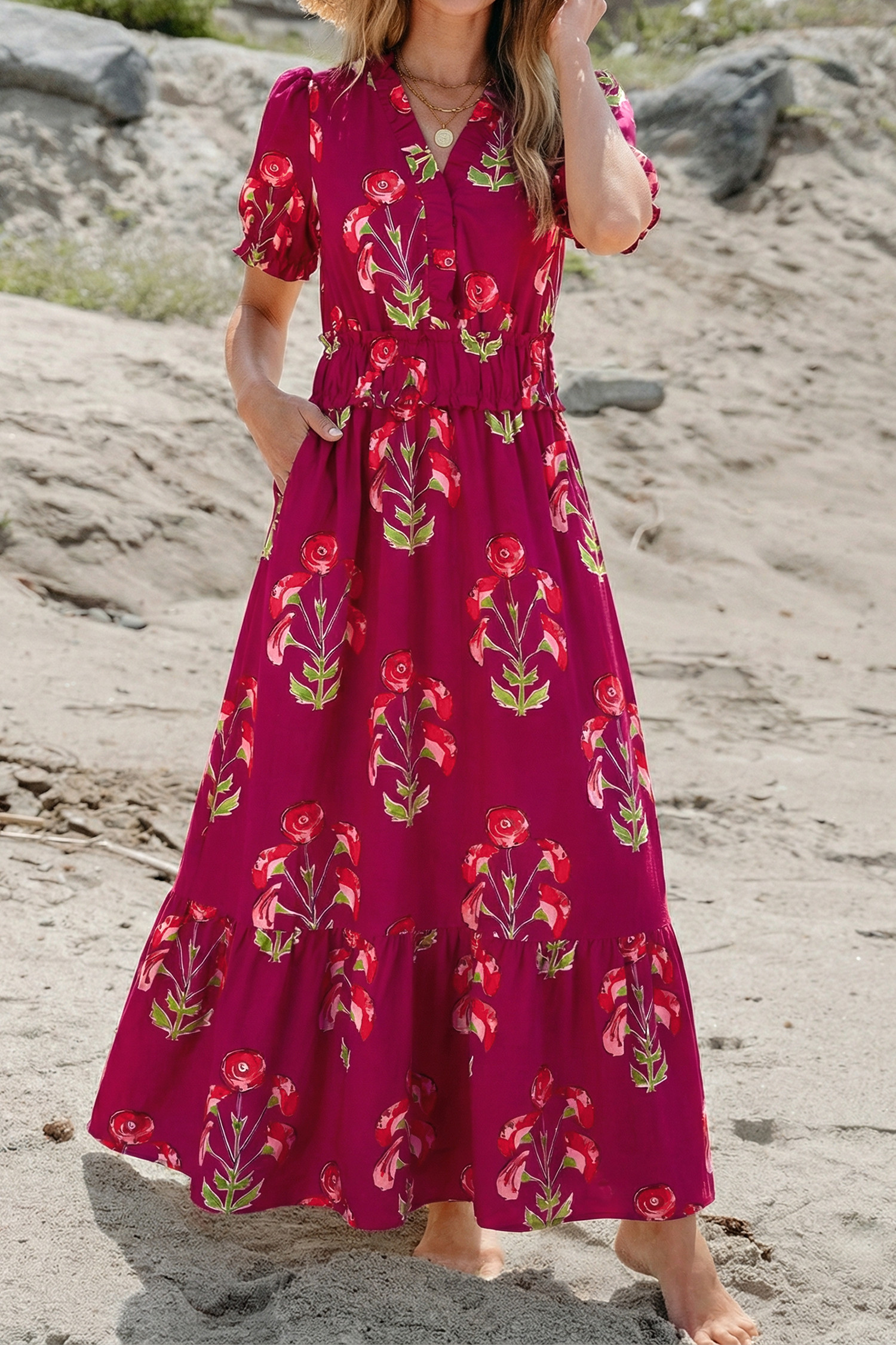 Red Floral Print Frilled V Neck Short Sleeve Ruffle Maxi Dress