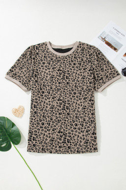 Khaki Leopard Print Textured Plus Size T Shirt