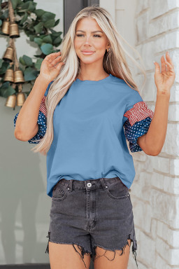 Beau Blue Stars Stripes Short Puff Sleeve Top