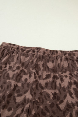 Brown Retro Leopard Print Contrast Varsity Stripe Trim Plus Size 2pcs Short Set