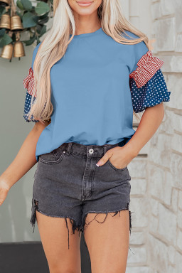 Beau Blue Stars Stripes Short Puff Sleeve Top