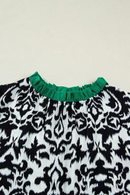Black Damask Print Ruffled Color Block Detail Half Sleeve Blouse