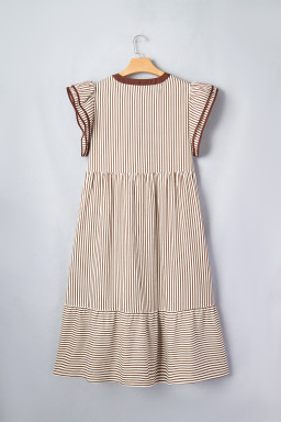 Brown Stripe Plus Size Slit V Neck Tiered Flutter Sleeve Maxi Dress