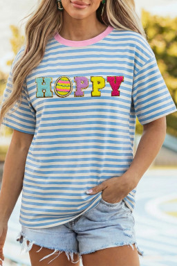 Sky Blue Stripe HOPPY Chenille Patched Graphic Crew Neck Tee