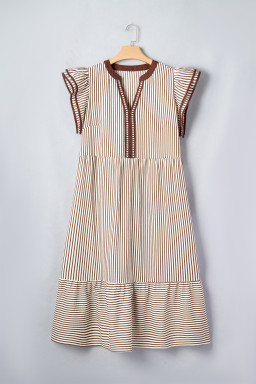 Brown Stripe Plus Size Slit V Neck Tiered Flutter Sleeve Maxi Dress