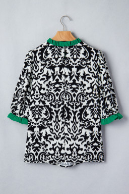 Black Damask Print Ruffled Color Block Detail Half Sleeve Blouse
