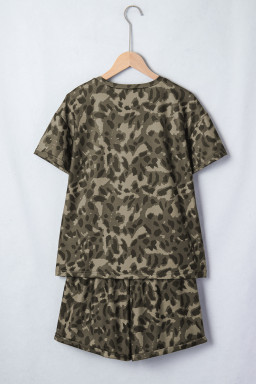Brown Leopard Print Crew Neck Short Set