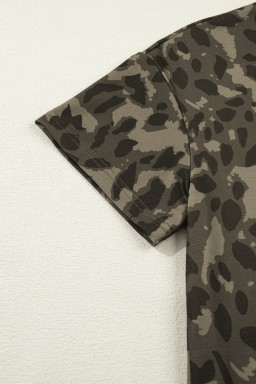 Brown Leopard Print Crew Neck Short Set