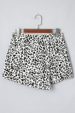 Brown Leopard Print Button Overlap Denim Shorts