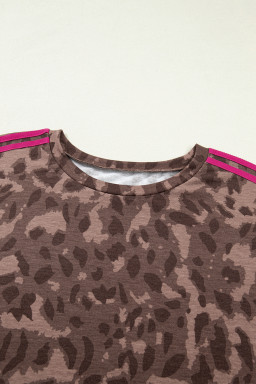 Brown Retro Leopard Print Contrast Varsity Stripe Trim Plus Size 2pcs Short Set