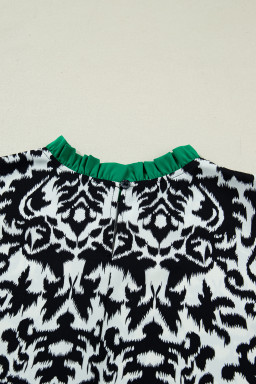 Black Damask Print Ruffled Color Block Detail Half Sleeve Blouse