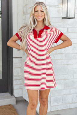 Red Stripe Quarter Zip Polo Collar T Shirt Dress with Pockets