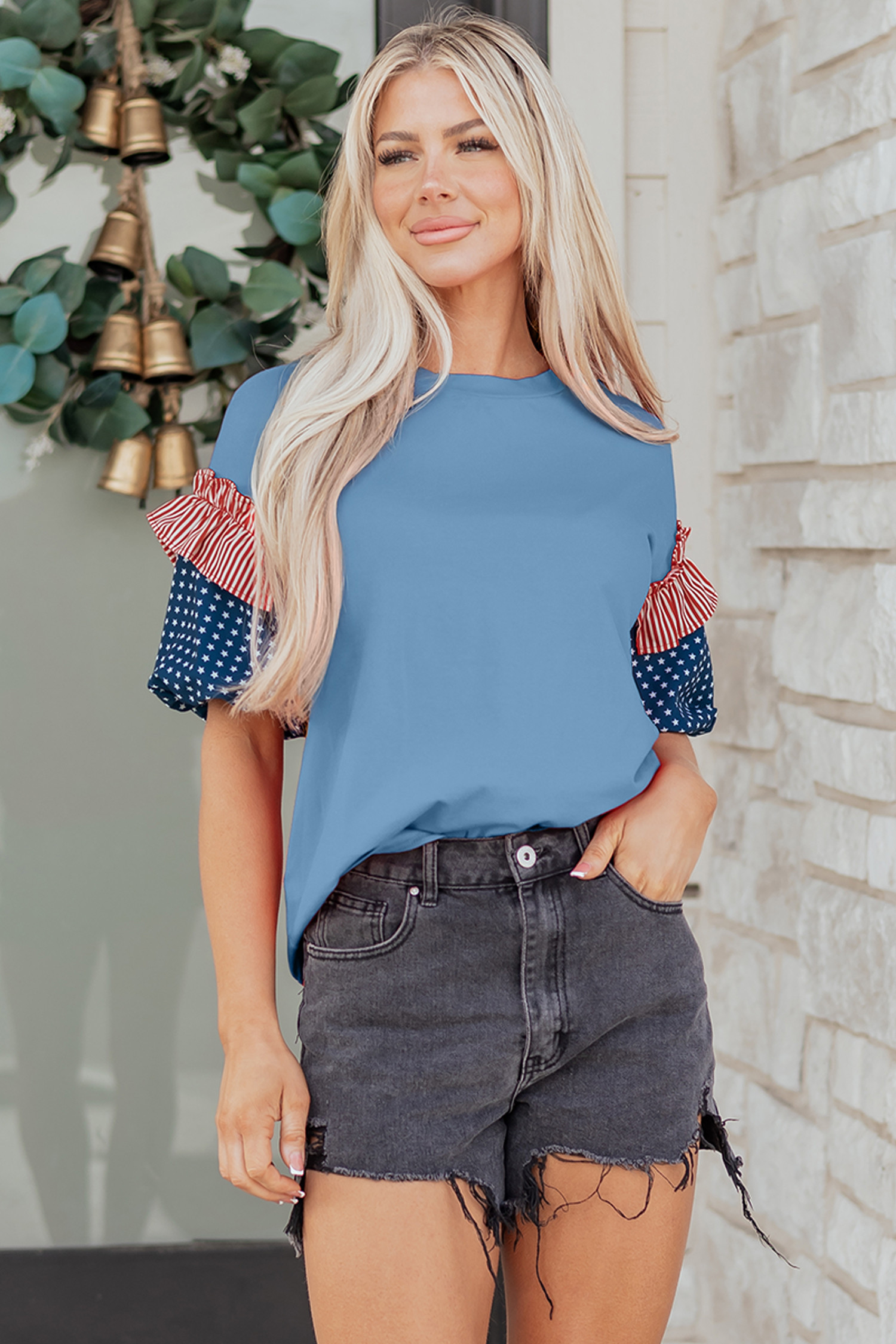 Beau Blue Stars Stripes Short Puff Sleeve Top