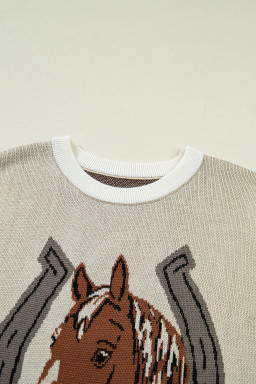 Parchment Horse Shoe Print Color Block Trim Round Neck Sleeveless Sweater