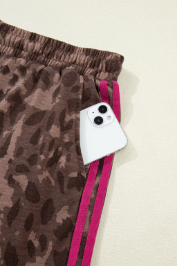 Brown Retro Leopard Print Contrast Varsity Stripe Trim Plus Size 2pcs Short Set