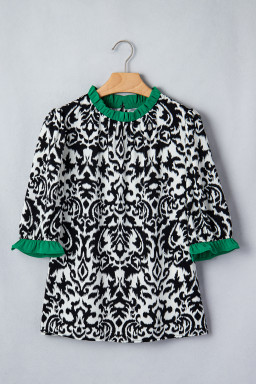 Black Damask Print Ruffled Color Block Detail Half Sleeve Blouse