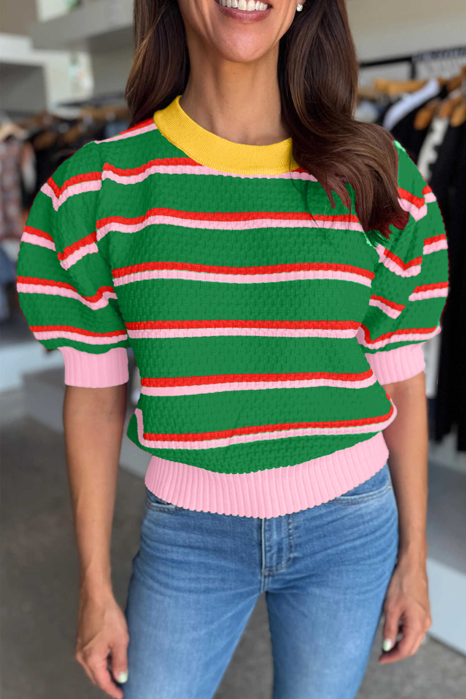 Green Stripe Colorblock Trim Half Sleeve Sweater Top