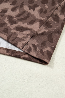 Brown Retro Leopard Print Contrast Varsity Stripe Trim Plus Size 2pcs Short Set