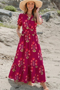 Red Floral Print Frilled V Neck Short Sleeve Ruffle Maxi Dress