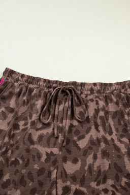 Brown Retro Leopard Print Contrast Varsity Stripe Trim Plus Size 2pcs Short Set