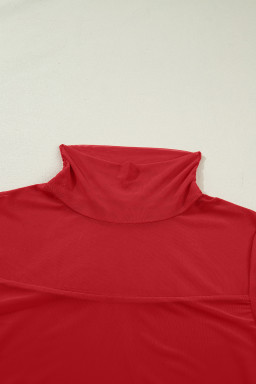 Fiery Red Sheer Mesh Patchwork High Neck Long Sleeve Top