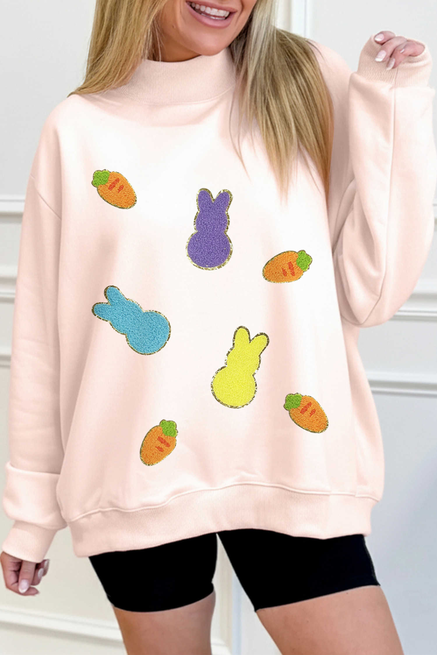 Apricot Pink Easter Rabbit Carrot Chenille Patched Graphic Sweatshirt