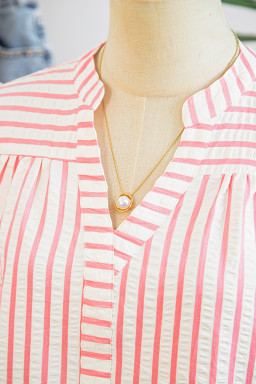 Pink Stripe Print Floral Embroidered Puff Sleeve V Neck Blouse