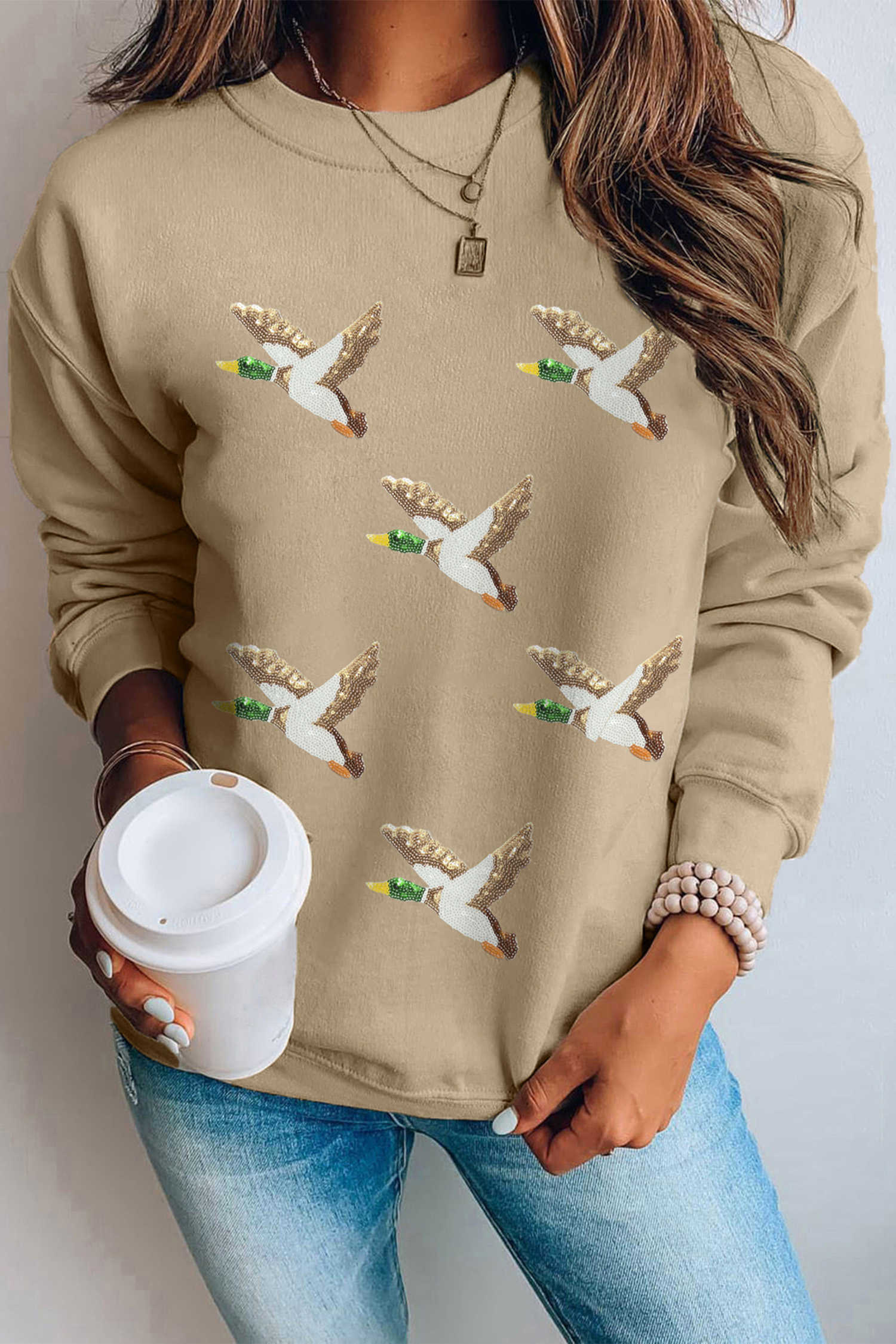 Khaki Sequin Flying Mallard Graphic Pullover Sweatshirt