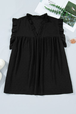 Black Plus Size Swiss Dot Ruffle Lace Trim V Neck Tank Top