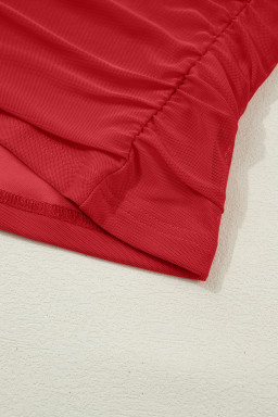 Fiery Red Sheer Mesh Patchwork High Neck Long Sleeve Top