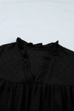 Black Plus Size Swiss Dot Ruffle Lace Trim V Neck Tank Top