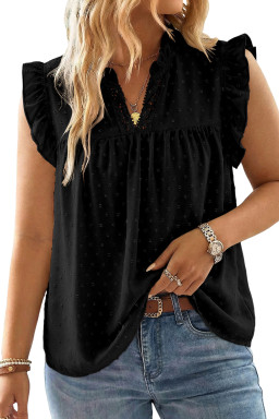 Black Plus Size Swiss Dot Ruffle Lace Trim V Neck Tank Top